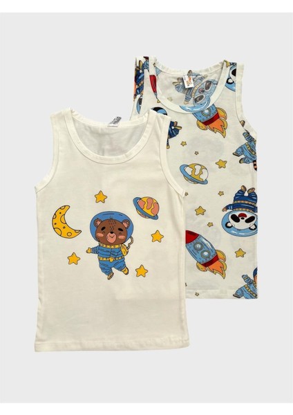 Erkek Çocuk Pamuklu Beyaz Astronot Desenli 2 Li Atlet Takımı
