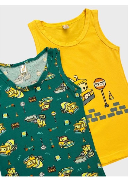 Erkek Çocuk Pamuklu Sarı Yeşil Renk Iş Makinesi Desenli 2 Li Atlet Takımı modelleri