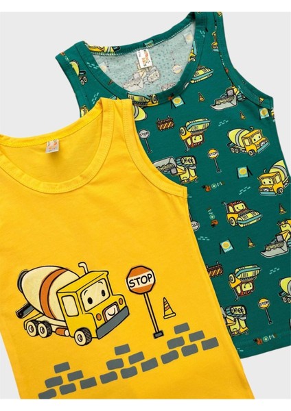 Erkek Çocuk Pamuklu Sarı Yeşil Renk Iş Makinesi Desenli 2 Li Atlet Takımı fırsatları