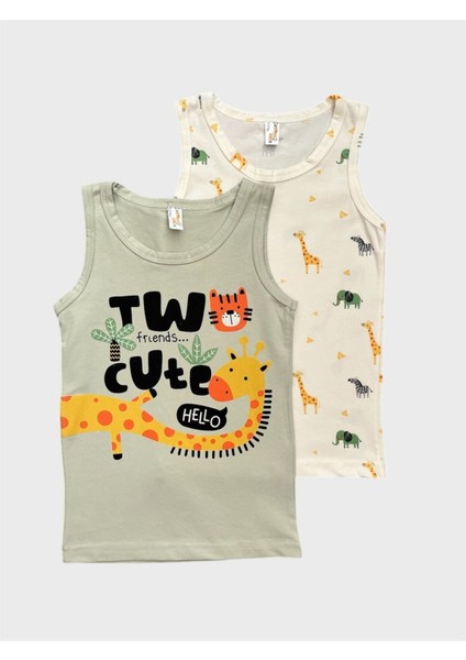 Erkek Çocuk Pamuklu Ekru Yeşil Renk Safari Desenli 2 Li Atlet Takımı