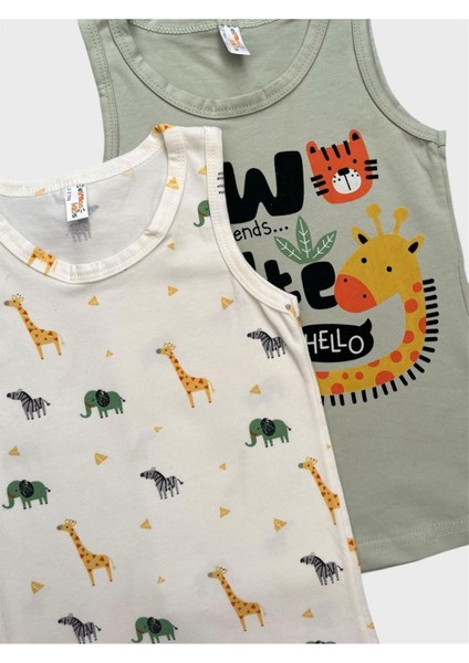 Erkek Çocuk Pamuklu Ekru Yeşil Renk Safari Desenli 2 Li Atlet Takımı modelleri