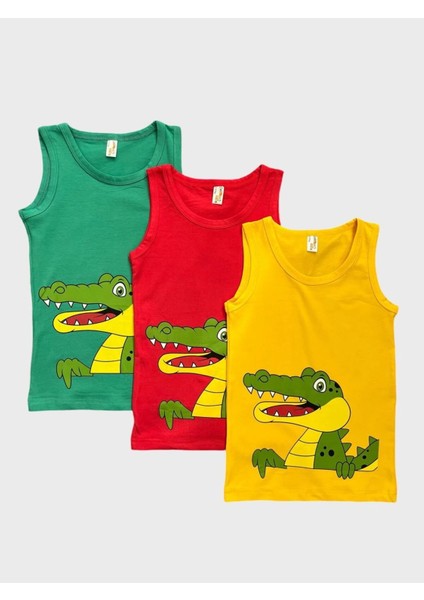 Erkek Çocuk Pamuklu Kırmızı Yeşil Sarı Timsah Desenli 3 Lü Atlet