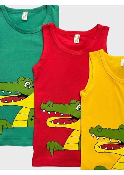 Erkek Çocuk Pamuklu Kırmızı Yeşil Sarı Timsah Desenli 3 Lü Atlet fiyatları