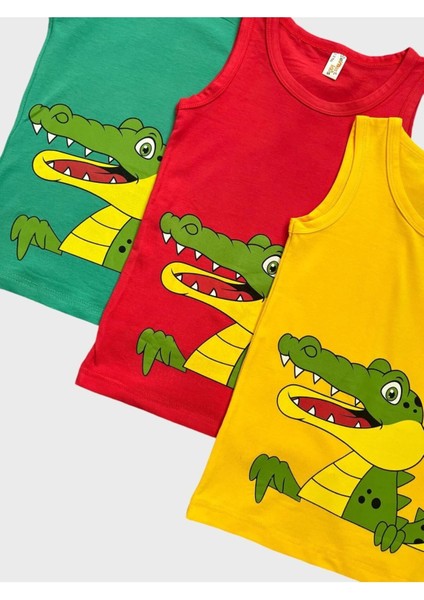 Erkek Çocuk Pamuklu Kırmızı Yeşil Sarı Timsah Desenli 3 Lü Atlet modelleri