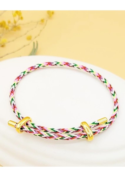 Çelik Gold Detaylı Ayarlanabilir Pembe Kırçıllı Ip Bileklik