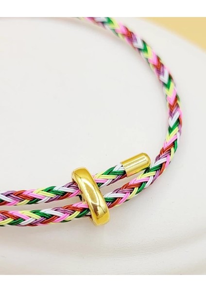 Çelik Gold Detaylı Ayarlanabilir Pembe Kırçıllı Ip Bileklik modelleri