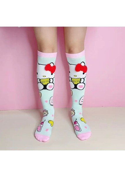 Kırmızı Kurdeleli Karakter Desenli Diz Üstü Kız Çocuk Çorabı – 2/3 Yaş Için- Mint Pembe