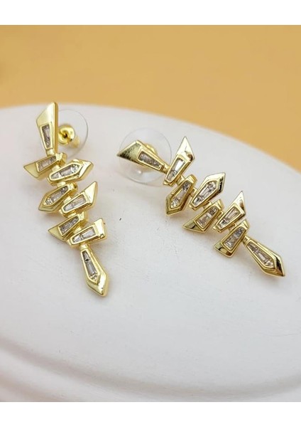 Baget Taş Geometrik Gold Küpe