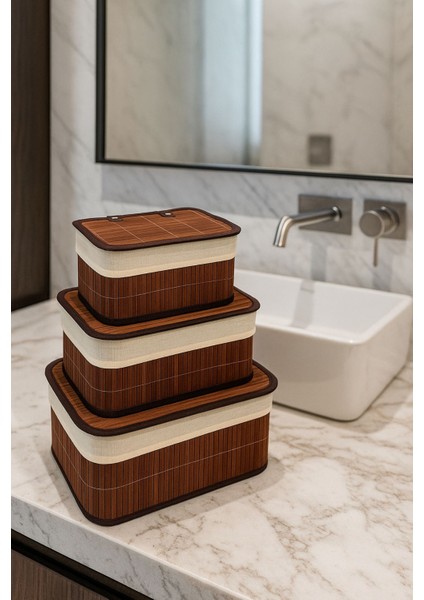 3 Lü Kapaklı Bambu Depolama&organizer Sepeti 36X26X17 cm
