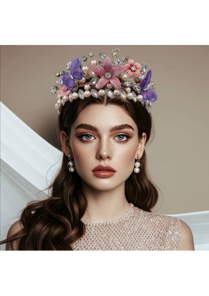 Kelebek ve Inci Taşlı 3D Tasarım Taç – El Yapımı Lüks Model