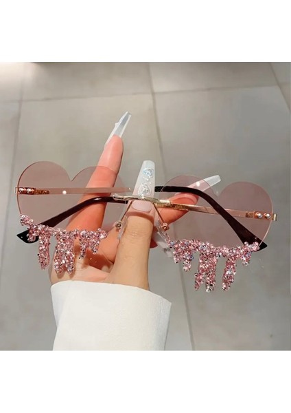 Taşlı Pembe Kalpli Parti Gözlüğü
