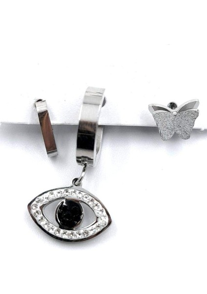 Gümüş Renk Üçlü Çelik Küpe