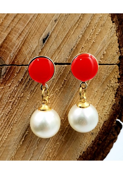 Incili Kırmızı Renk Detaylı Sallantılı Küpe