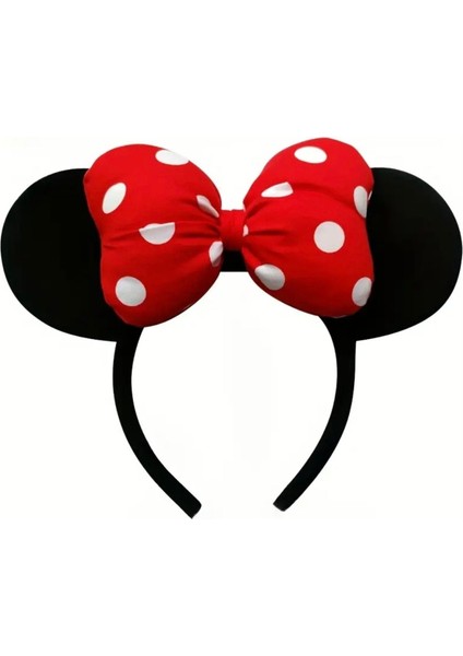 Minnie Mouse Tarzı Kırmızı Puantiyeli Kurdeleli Kulaklı Taç – Çocuk & Yetişkin Uyumlu
