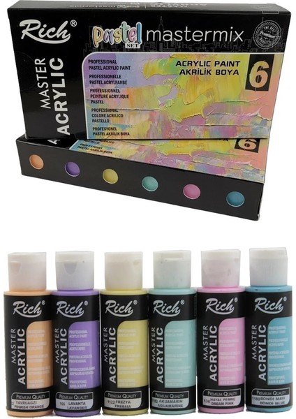 Rich Mastermix Akrilik Boya 6 Renk 60 ml 1 Paket Pastel Renkler Akrilik Boya 6 Lı Profesyonel Tuval Canvas
