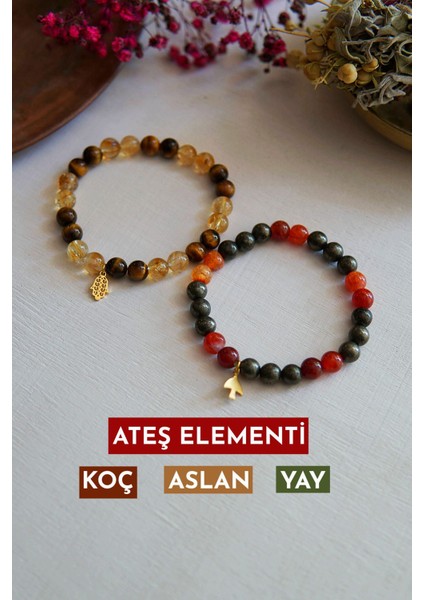 2’li Doğal Taş Bileklik Seti – Sitrin Akik Pirit Kaplan Gözü | Ateş Elementi Koç Aslan Yay Için