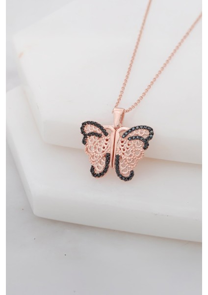 Rose Renk Zirkon Taşlı İsimli Kelebek Gümüş Bayan Kolye fiyatları