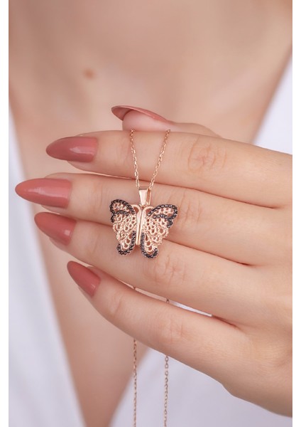 Rose Renk Zirkon Taşlı İsimli Kelebek Gümüş Bayan Kolye modelleri