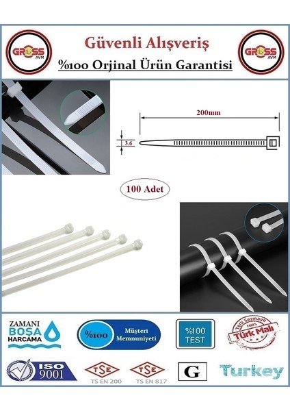 Cırt Kelepçe - Kablo Bağı - 3.6X200MM Beyaz - 100 Adet