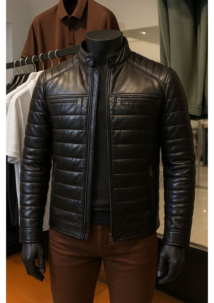 DERİMONTAYA %100 Hakiki Kuzu Deri Mont Siyah Şişme