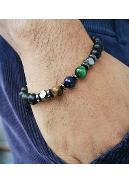 Doğal Taş Erkek Bileklik Kaplan Gözü ve Oniks ve Hematit MDB355