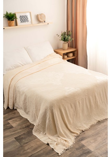 %100 Pamuk Waffle Pike - Çift Kişilik,battal Boy, Nefes Alan Yazlık Örtü Çiçek Desenli- 230 x 260 cm