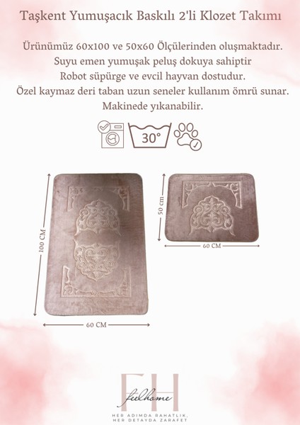 Taşkent Deluxe Kaymaz Taban Süper Soft Emici Lüks Baskılı Banyo Paspası 2'li modelleri