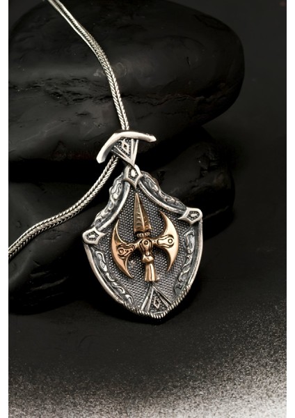 Özal Tasarım Vintage Çift Başlı Balta Gümüş Erkek Kolye