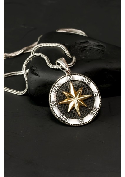 Özel Tasarım Vintage Karartmalı Pusula Gümüş Erkek Kolye