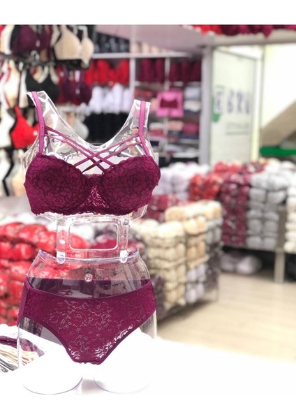 Iç Giyim Ebru Destekli Silikonlu Dantel Çapraz Sütyen ve Külot Takım (Sütyen Yıkama Topu Hediyeli)