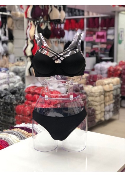 Iç Giyim Ebru Destekli Silikonlu Tulumlu Çapraz Sütyen ve Külot Takım (Sütyen Yıkama Topu Hediyeli)