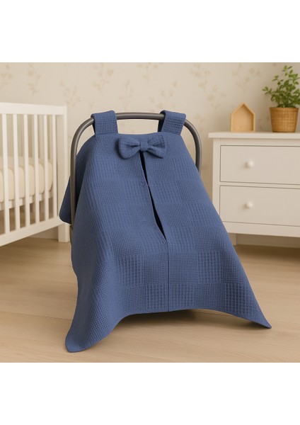 Kurdeleli %100 Pamuk Petek Waffle Pike Puset Örtüsü, Minderi ve Çarşafı – Bebek Arabası 3'lü Set