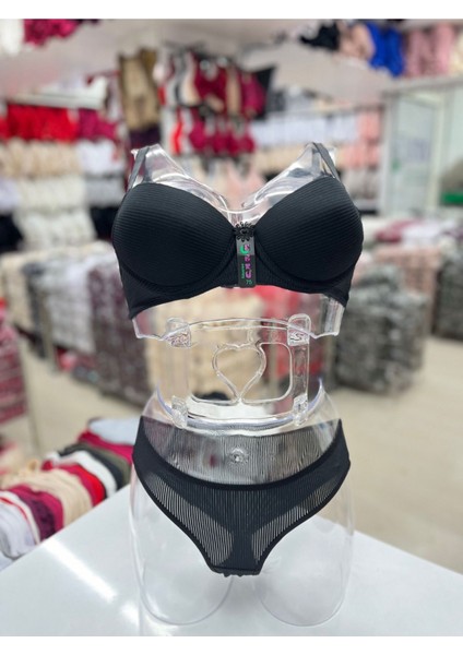 Iç Giyim Ebru Destekli Silikonlu Fitilli Sütyen ve Külot Takım (Sütyen Yıkama Topu Hediyeli)