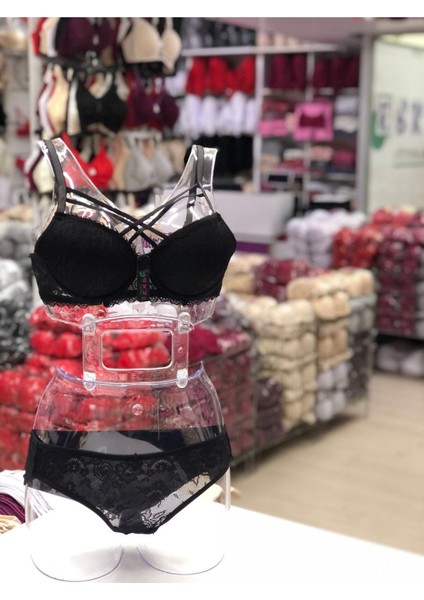 Iç Giyim Ebru Destekli Silikonlu Dantel Çapraz Sütyen ve Külot Takım (Sütyen Yıkama Topu Hediyeli)