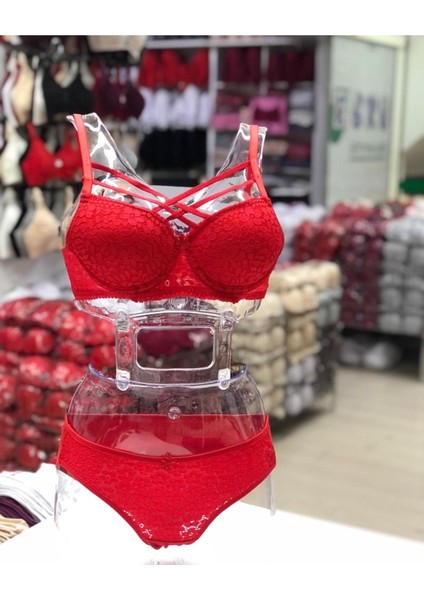 Iç Giyim Ebru Destekli Silikonlu Dantel Çapraz Sütyen ve Külot Takım (Sütyen Yıkama Topu Hediyeli)
