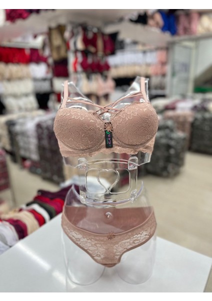 Iç Giyim Ebru Desteksiz Silikonlu Dantel Çapraz Sütyen ve Külot Takım (Sütyen Yıkama Topu Hediyeli)