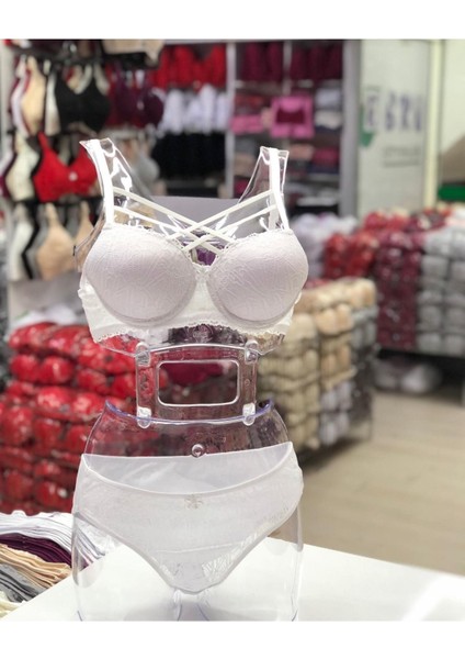 Iç Giyim Ebru Destekli Silikonlu Dantel Çapraz Sütyen ve Külot Takım (Sütyen Yıkama Topu Hediyeli)