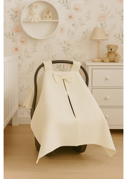 Kurdeleli %100 Pamuk Petek Waffle Pike Puset Örtüsü ve Minderi Seti Bebek Arabası Örtüsü Minder