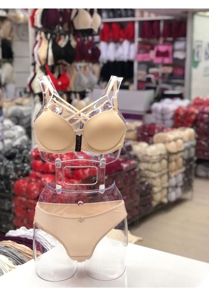 Iç Giyim Ebru Desteksiz Silikonlu Tulumlu Çapraz Sütyen ve Külot Takım (Sütyen Yıkama Topu Hediyeli)
