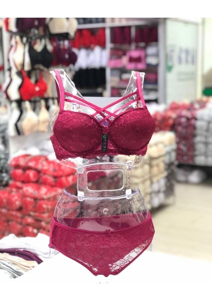Iç Giyim Ebru Destekli Silikonlu Dantel Çapraz Sütyen ve Külot Takım (Sütyen Yıkama Topu Hediyeli)