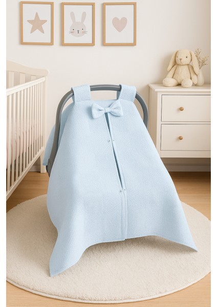 Kurdeleli %100 Pamuk Petek Waffle Pike Puset Örtüsü, Minderi ve Çarşafı – Bebek Arabası 3'lü Set