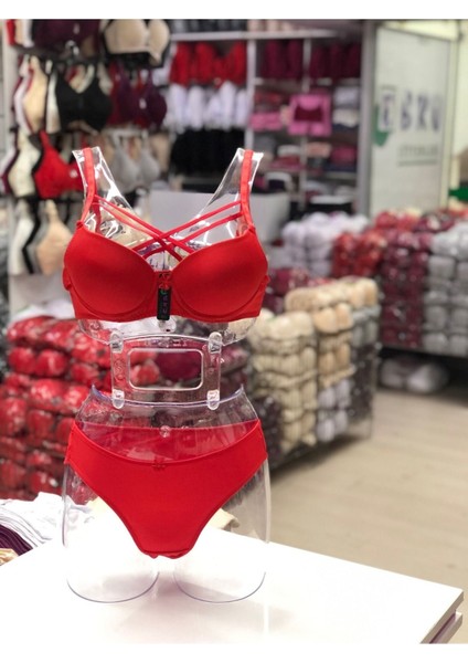 Iç Giyim Ebru Desteksiz Silikonlu Tulumlu Çapraz Sütyen ve Külot Takım (Sütyen Yıkama Topu Hediyeli)
