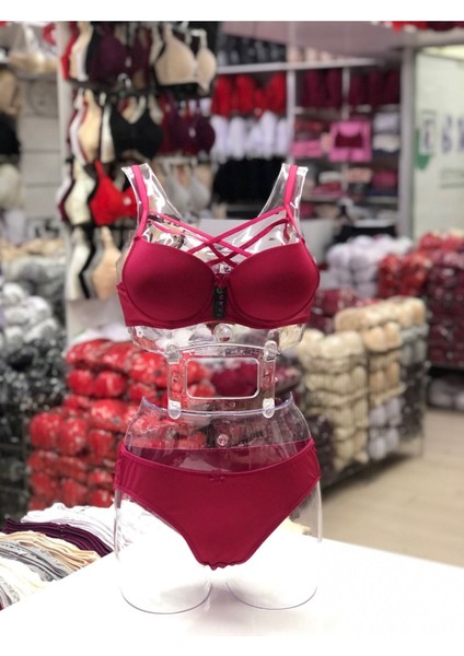 Iç Giyim Ebru Destekli Silikonlu Tulumlu Çapraz Sütyen ve Külot Takım (Sütyen Yıkama Topu Hediyeli)