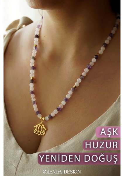 Aşk’ı Huzur – Lotus Çiçeği – Ametist – Pembe Kuvars Doğal Taş Kolye