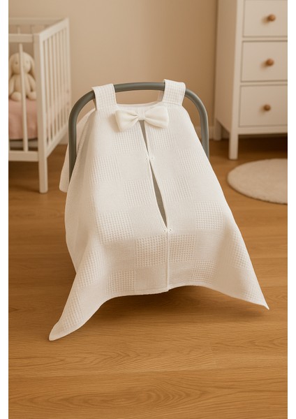 Kurdeleli %100 Pamuk Petek Waffle Pike Puset Örtüsü ve Minderi Seti Bebek Arabası Örtüsü Minder