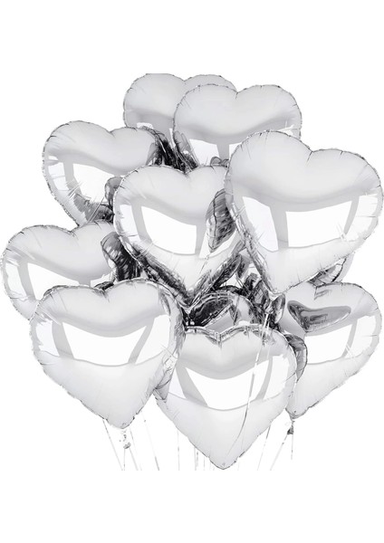 Metalize Parlak Gümüş Kalp Şekilli Uçan Balon Folyo 18 Inç 45 cm 10 Adet