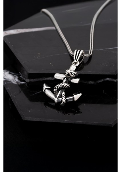 Gümüş Yılan Motifli Çapa Erkek Kolye