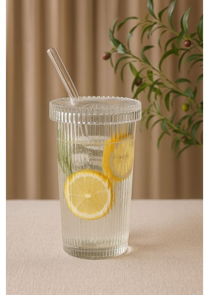 Cam Kapaklı Pipetli 400 ml Şeffaf Çizgili Bardak Seti – Soğuk Içecek ve Smoothie Bardağı