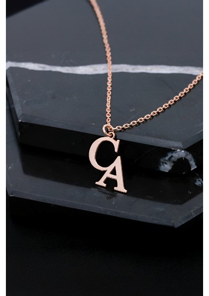 Rose Renk Çift Harfli Gümüş Bayan Kolye