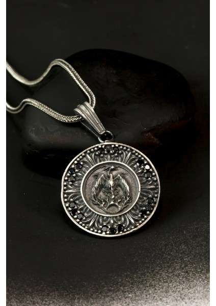 Özel Tasarım Karartmalı Çift Başlı Kartal Gümüş Erkek Kolye